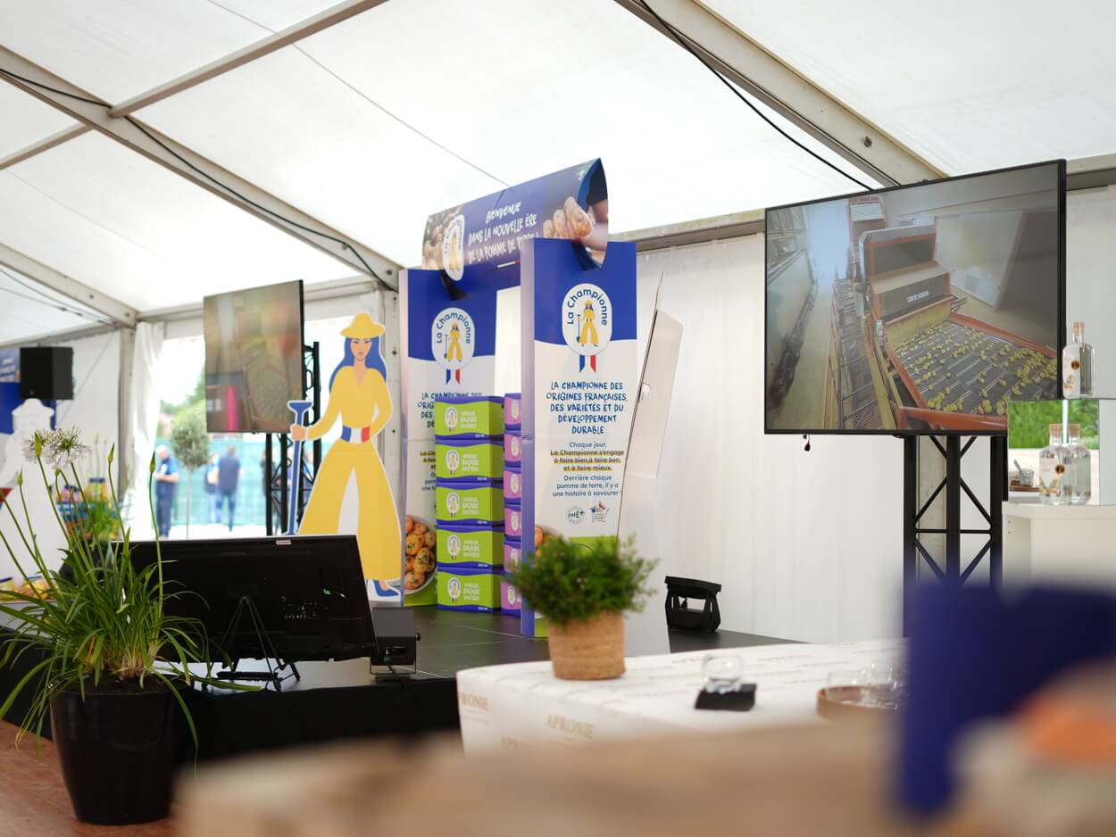 Prestation vidéo avec écrans 75" pour la diffusion de médias lors d'un lancement de produit.