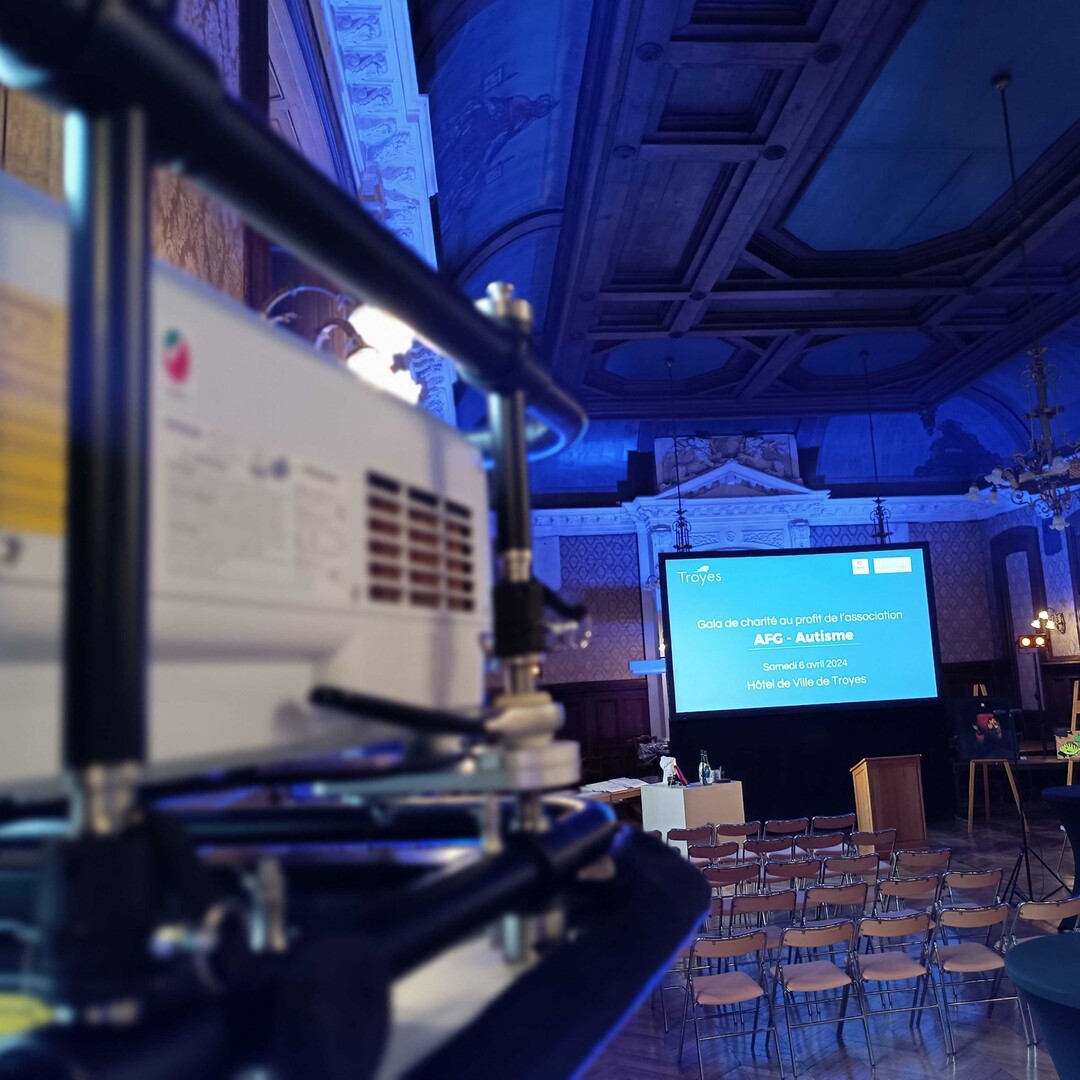 Vidéoprojecteur et son écran géant lors d'une vente aux enchères caritative.